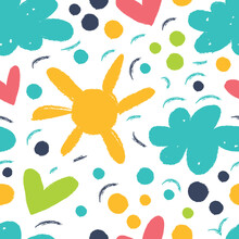 Cute Seamless Pattern With Sun, Hearts And Clouds.