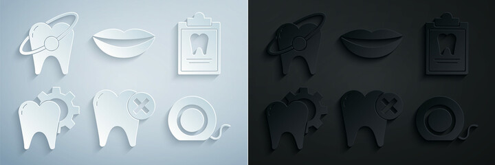 Poster - Set Tooth with caries, Clipboard dental card, treatment procedure, Dental floss, Smiling lips and whitening concept icon. Vector