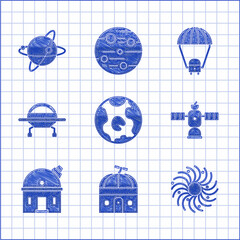 Sticker - Set Earth globe, Astronomical observatory, Black hole, Satellite, UFO flying spaceship, Space capsule and parachute and Satellites orbiting the planet icon. Vector