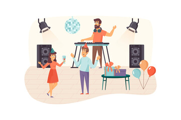 Poster - Man and woman having fun and dancing at party scene. DJ plays music at mixing panel at club. Holiday, celebration, pastime together concept. Illustration of people characters in flat design