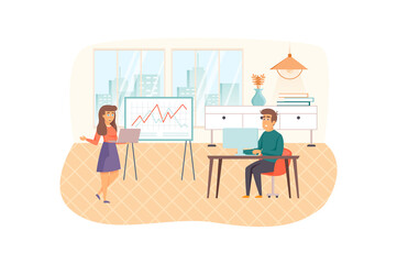 Aufkleber - Business training scene. Coach teaching, improving professional skills, work motivation for office employees. Education, career growth concept. Illustration of people characters in flat design