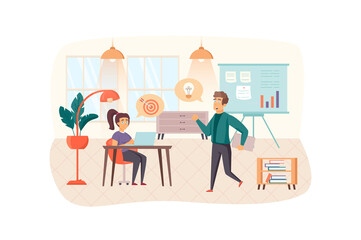 Aufkleber - Business training in office scene. Colleagues generate ideas, do targeting, brainstorming and team building. Education, career growth concept. Illustration of people characters in flat design