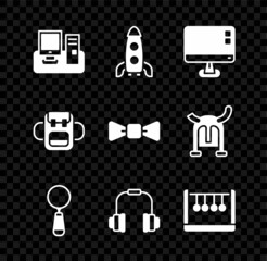 Poster - Set Monitor with keyboard, Rocket ship, Computer monitor screen, Magnifying glass, Headphones, Pendulum, School backpack and Bow tie icon. Vector