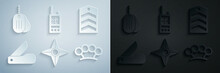 Set Japanese Ninja Shuriken, Chevron, Swiss Army Knife, Brass Knuckles, Walkie Talkie And Military Dog Tag Icon. Vector