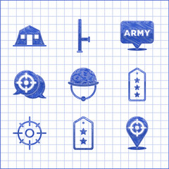 Sticker - Set Military helmet, rank, Target sport, army and barracks icon. Vector