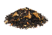 Pile Of Dry Black Tea Leaves On White. Heap Of Aromatic Black Tea Leaves With Dried Citrus Slices And Peel.