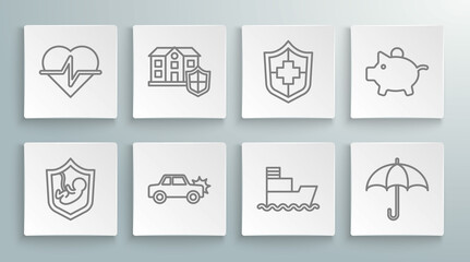 Sticker - Set line Life insurance with shield, House, Car, Ship, Umbrella, Piggy bank and icon. Vector