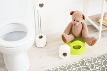 Toilet Bowl, Holder With Paper Rolls And Cute Toy Bear Sitting On Potty Near White Wall