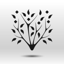 Tree Black Icon. Hand Drawn Simple Vector. Stylized Blossoming Tree Isolated On White Background. Best For Seamless Patterns, Print, Tattoo, Web, Logo Creating And Brand Design.