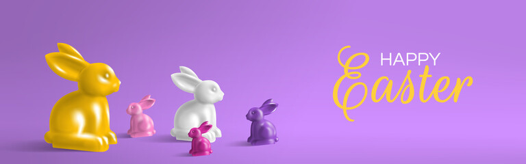 Sticker - happy easter festive banner with 3d rabbit bunny figures on purple background vector illustration