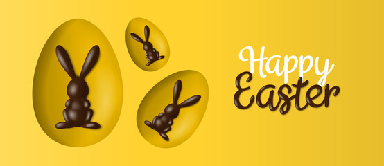 Wall Mural - happy easter background with 3d chocolate bunny figures on yellow background vector illustration