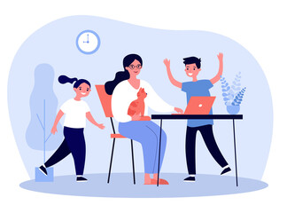 Poster - distance work of busy young mother and playing kids