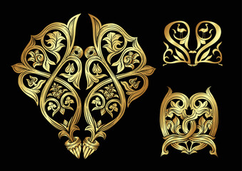 Wall Mural - Interlacing abstract ornament in the medieval, romanesque style. Gold element for design. Vector illustration. Isolated on black background.