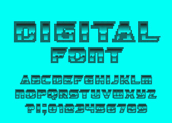 Poster - Digital alphabet font. Pixel letters and numbers. 80s arcade video game typescript.