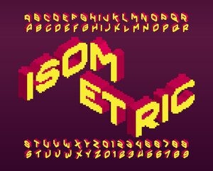 Poster - 3D isometric alphabet font. Pixel letters and numbers. 80s arcade video game typescript.