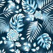 blue light shining color on night background vector design with fashionable tropical monstera fern leaves plant and palm foliage. Floral background. Exotic tropic. Summer design. rainforest wallpaper 