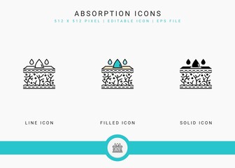 Fototapete - Absorption icons set vector illustration with solid icon line style. Skin moisture water concept. Editable stroke icon on isolated background for web design, user interface, and mobile application