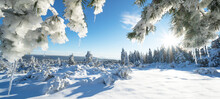 Stunning Panorama Of Snowy Landscape In Winter In Black Forest - Snow View Winter Wonderland Snowscape Background Banner With Frozen Trees, Icicle Blue Sky And Sunshine