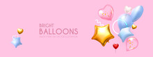 Foil Balloons. Bright Event Design With Flying Air Balloons And Light.