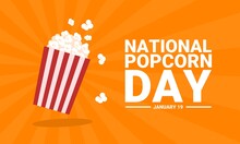 Popcorn Isolated On A Yellow Background. Cinema Icon In Flat Style. Snack. Big Red And White Strip Box. As The National Popcorn Day Banner.