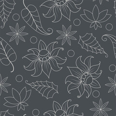 Wall Mural - Floral seamless background. Graphic contour pattern in light colors on a gray background.