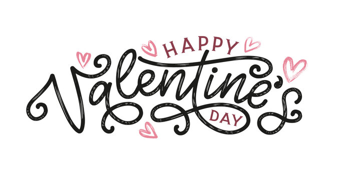 Happy Valentine's day monoline typography banner decorated by brush drawn hearts. Saint Valentine's day hand sketched lettering isolated on white.