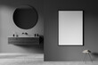 © ImageFlow - Dark bathroom interior with sink and mirror, table with towels. Mockup poster