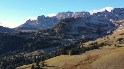 Wall Mural - Alpe di Siusi, Dolomite Alps, Italy. Aerial landscape from drone. Natural scenery in the highlands. Large resolution video.