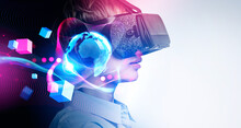 Office Woman In Vr Glasses, Metaverse Hologram And Cyberspace