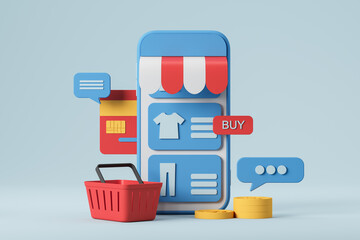phone with icons, online market place and payment. mobile app and device