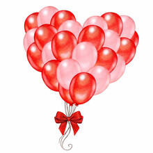 Watercolor Red Heart Shaped Group Of Balloons