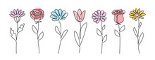 Continuous Line Drawing Set Of Flowers. Plants One Line Illustration. Minimalist Prints Vector Illustration