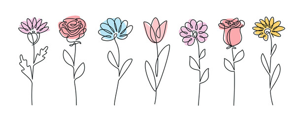 continuous line drawing set of flowers. plants one line illustration. minimalist prints vector illus