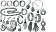 Jewellery collection, illustration, drawing, engraving, ink, line art, vector