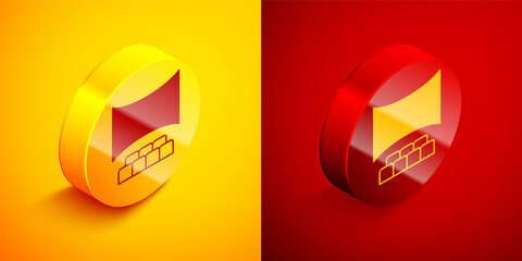 Canvas Print - Isometric Cinema auditorium with screen icon isolated on orange and red background. Circle button. Vector