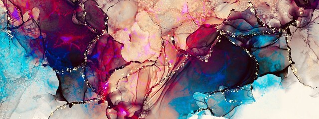 Wall Mural - alcohol ink texture background with gold design elements, blue and red accent, fluid hand drawn art,