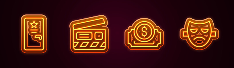 Set line Backstage, Movie clapper, Cinema ticket and Drama theatrical mask. Glowing neon icon. Vector