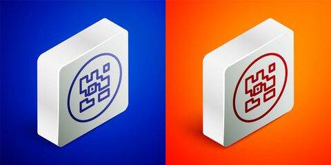 Poster - Isometric line QR code sample for smartphone scanning icon isolated on blue and orange background. Silver square button. Vector