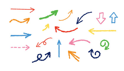 Wall Mural - Colorful arrows drawn with crayons. Vector doodle illustration set.