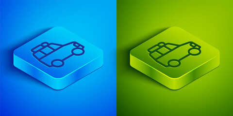 Sticker - Isometric line Car icon isolated on blue and green background. Square button. Vector