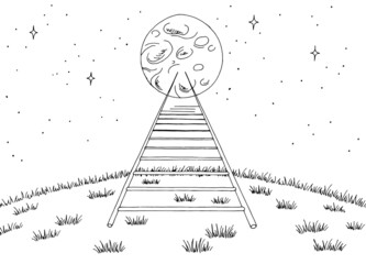 Ladder to the moon landscape graphic black white sketch illustration vector