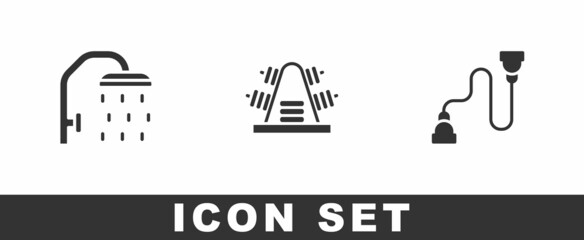 Canvas Print - Set Shower head, Metal rack with weights and Chest expander icon. Vector