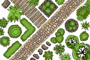 Sticker - Vector illustration. Landscape design. Top view. Wooden and stone path, trees, bushes, stones. View from above. Hand drawing.