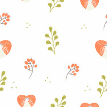 Seamless Pattern With A Decorative Abstract Heart With An Angel, In The Scandinavian Style Of Hygge, Hugge, With Elements Of Nature, Branches And Berries.