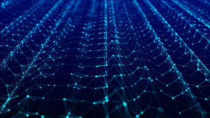 Poster - dynamic flow of digital particles. network connection structure. big data visualization. 3d renderin