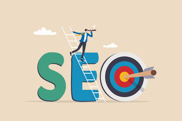 Wall Mural - SEO, search engine optimization to drive traffic or visitor to website, improve search result ranking gain more visibility concept, businessman climb up ladder on the word SEO with arrow hit target.
