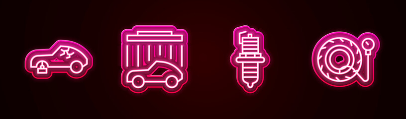 Sticker - Set line Broken car, Car wash, spark plug and Tire pressure gauge. Glowing neon icon. Vector