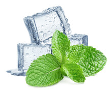 Fresh Mint Leaves And Ice Cubes, Isolated On White Background