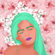Ilustracja portret młodej zamyślonej  dziewczyny zielone włosy zamknięte oczy