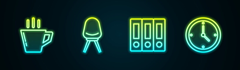 Canvas Print - Set line Coffee cup, Office chair, folders and Clock. Glowing neon icon. Vector